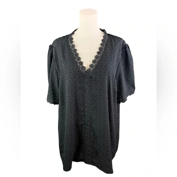 Black‎ V Neck Blouse with Lace Details (Size 2X) - Picture 1 of 3